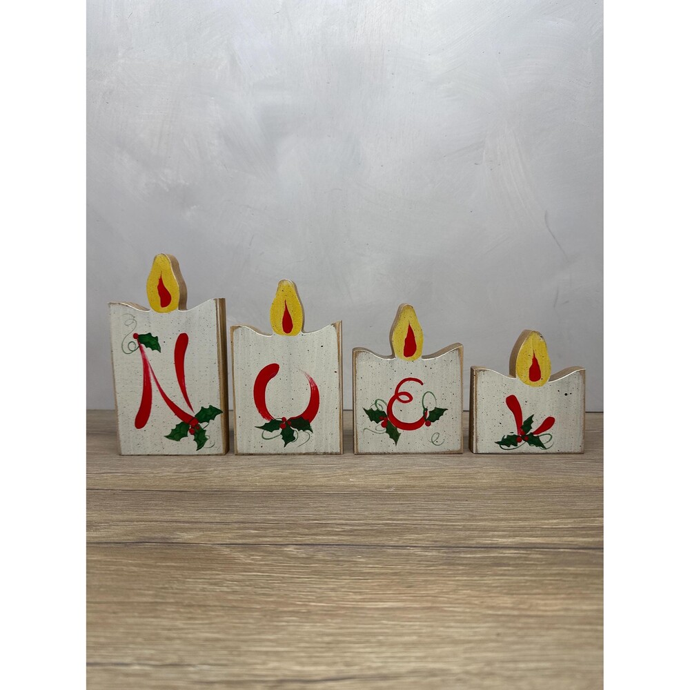 VTG 1982 Handpainted NOEL Christmas Candle Wood Cutout Set of 4, 7 Inch
